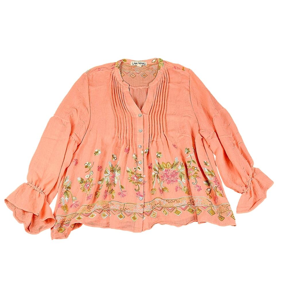 Hope Springs womens blouse 2XL coral embroidered flowers mid sleeve flowy boho